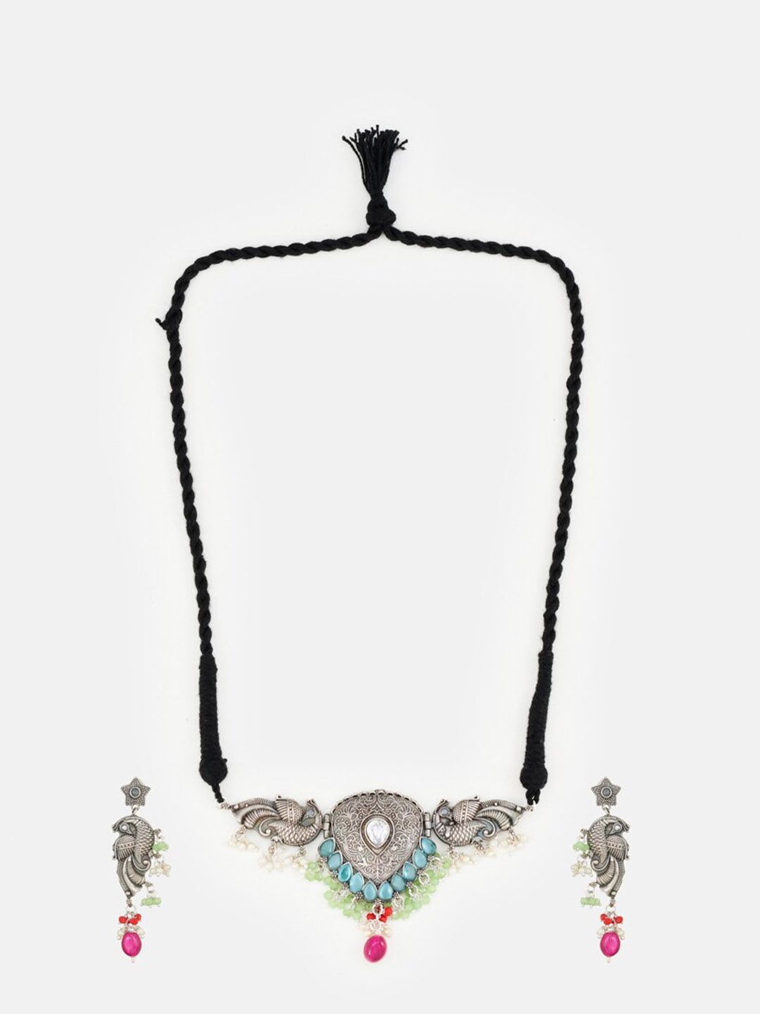 ATIBELLE Silver-Plated Stone-Studded & Beaded Peacock-Floral Shaped Jewellery Set