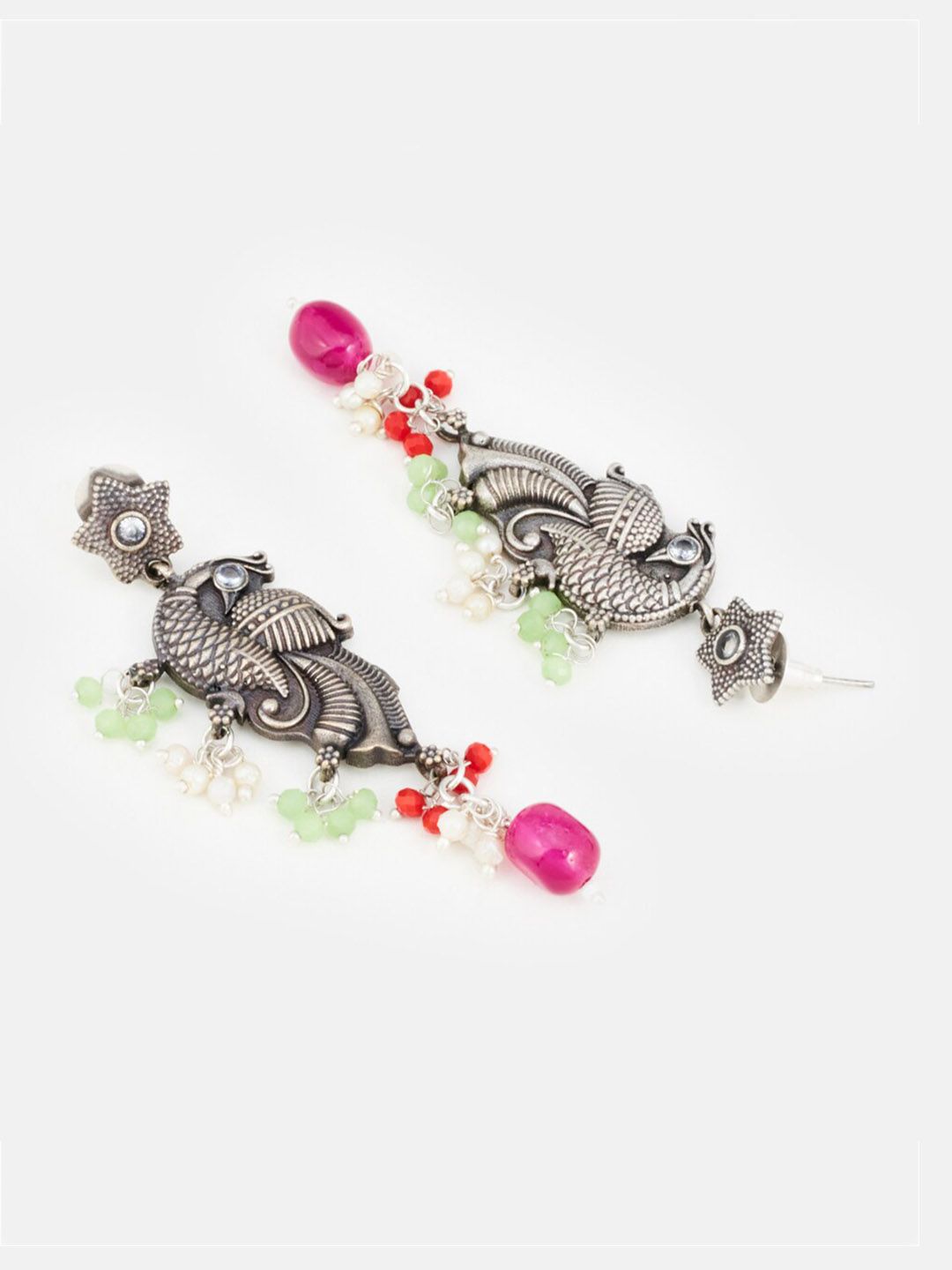 ATIBELLE Silver-Plated Stone-Studded & Beaded Peacock-Floral Shaped Jewellery Set