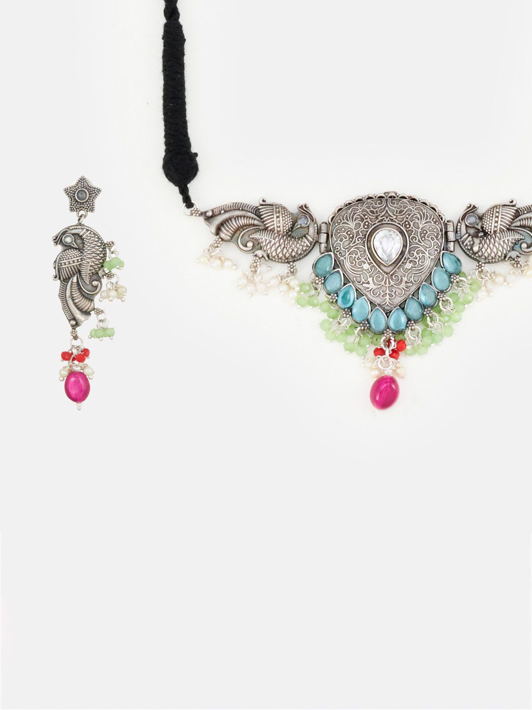 ATIBELLE Silver-Plated Stone-Studded & Beaded Peacock-Floral Shaped Jewellery Set