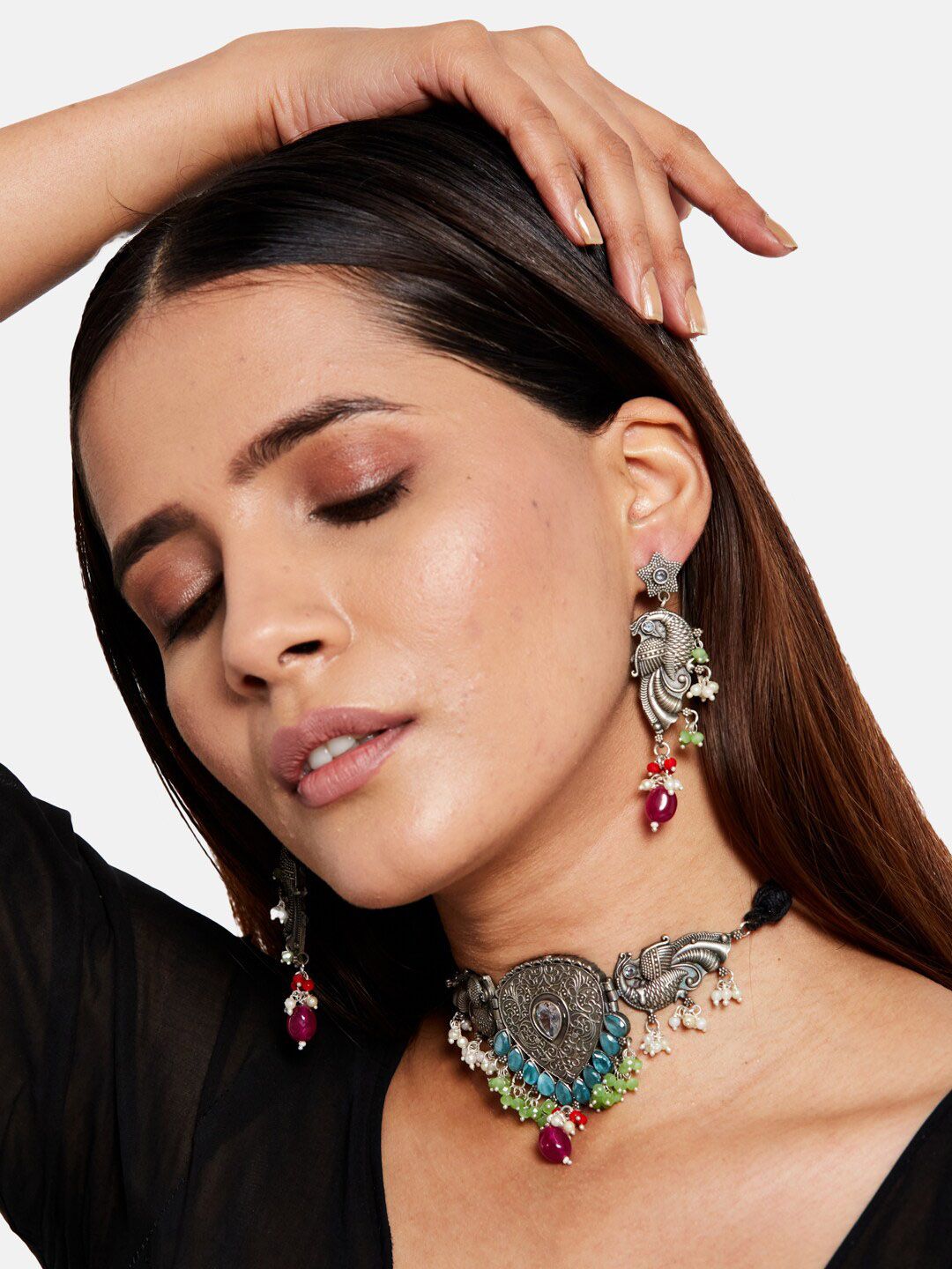 ATIBELLE Silver-Plated Stone-Studded & Beaded Peacock-Floral Shaped Jewellery Set