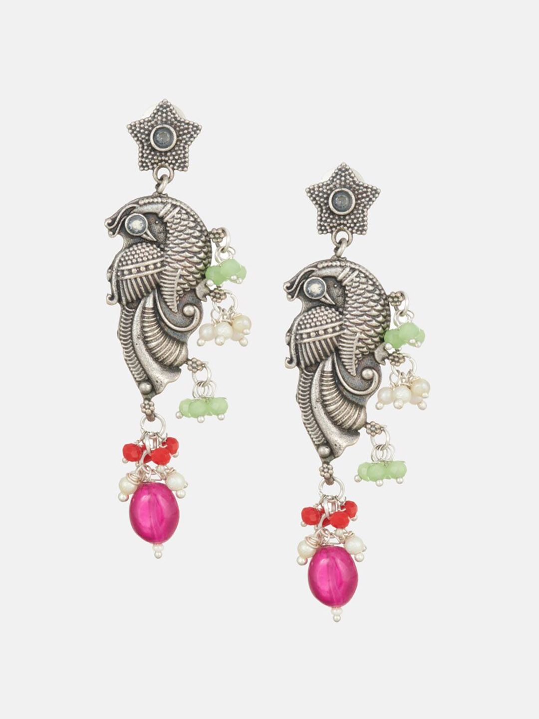 ATIBELLE Silver-Plated Stone-Studded & Beaded Peacock-Floral Shaped Jewellery Set