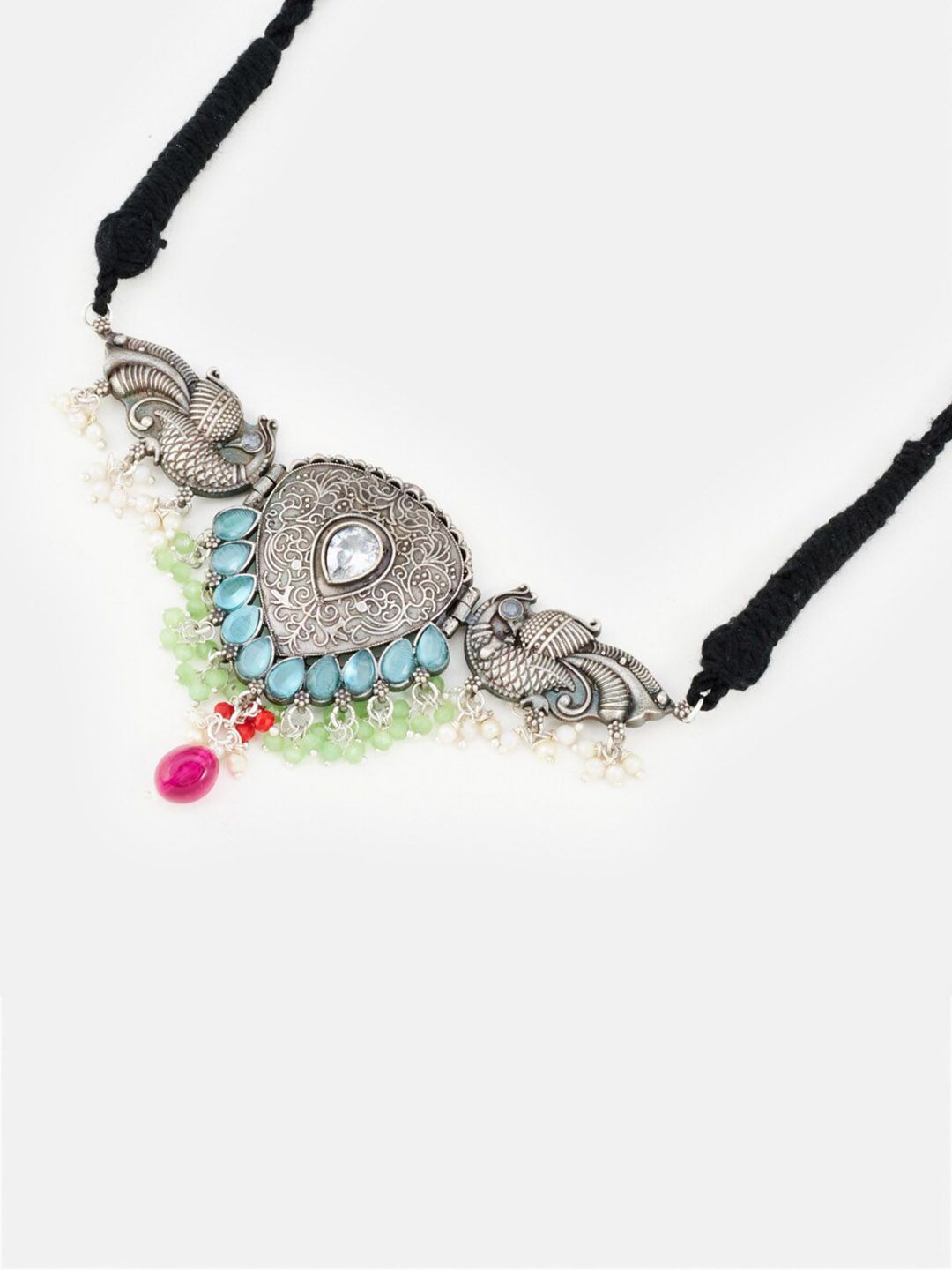 ATIBELLE Silver-Plated Stone-Studded & Beaded Peacock-Floral Shaped Jewellery Set