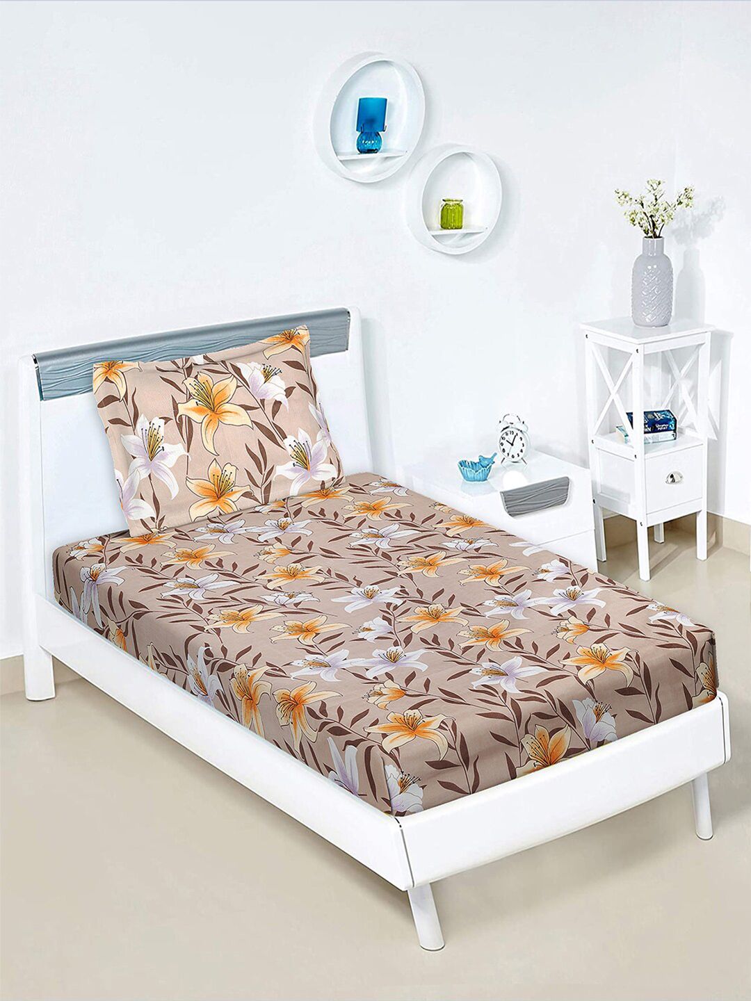 Kuber Industries Brown & White Floral Cotton 120 TC Single Bedsheet With 1 Pillow Cover-picture-37
