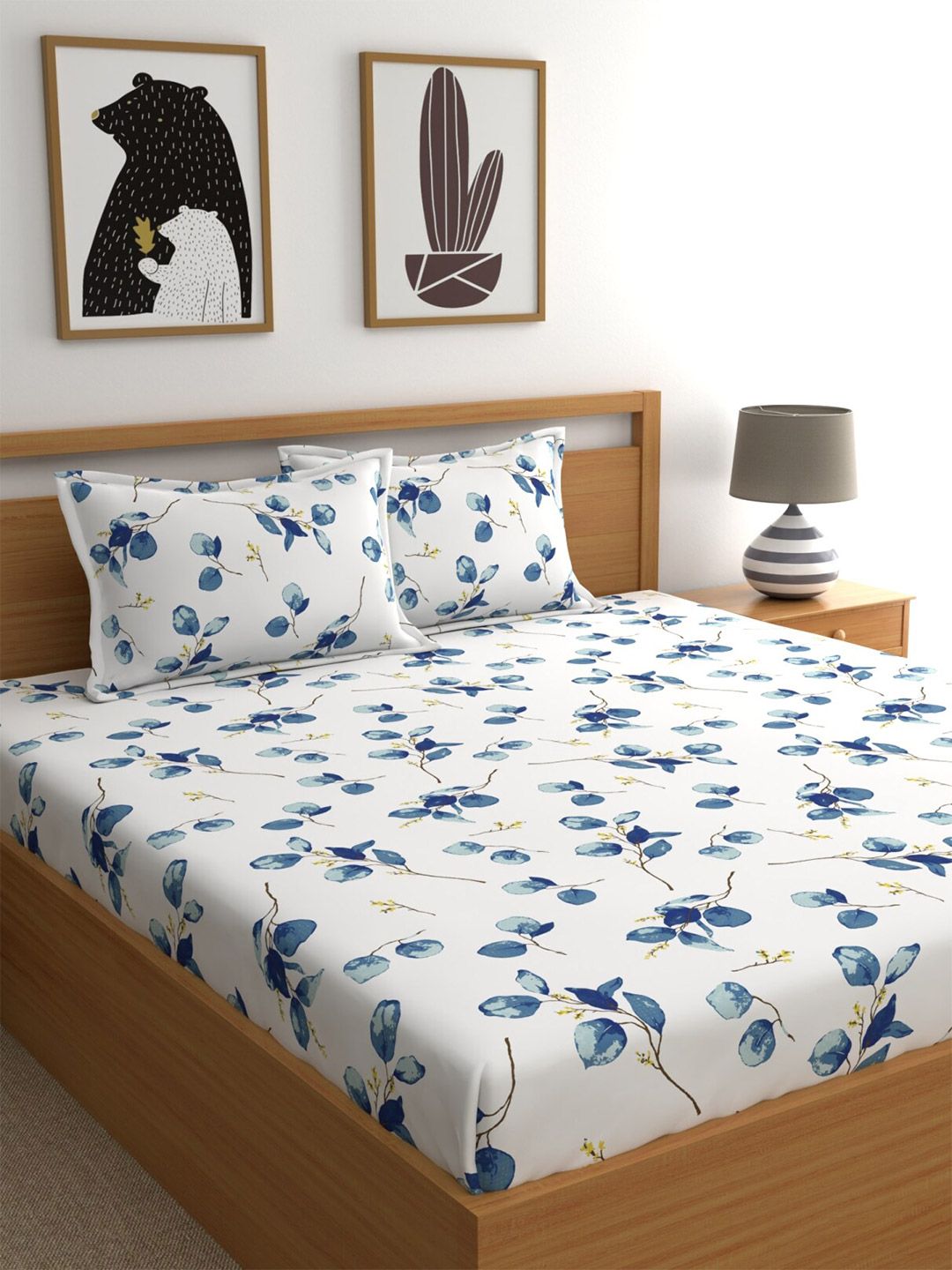 Home Ecstasy Blue & White Floral Pure Cotton 140 TC Queen Bedsheet with 2 Pillow Covers-picture-28