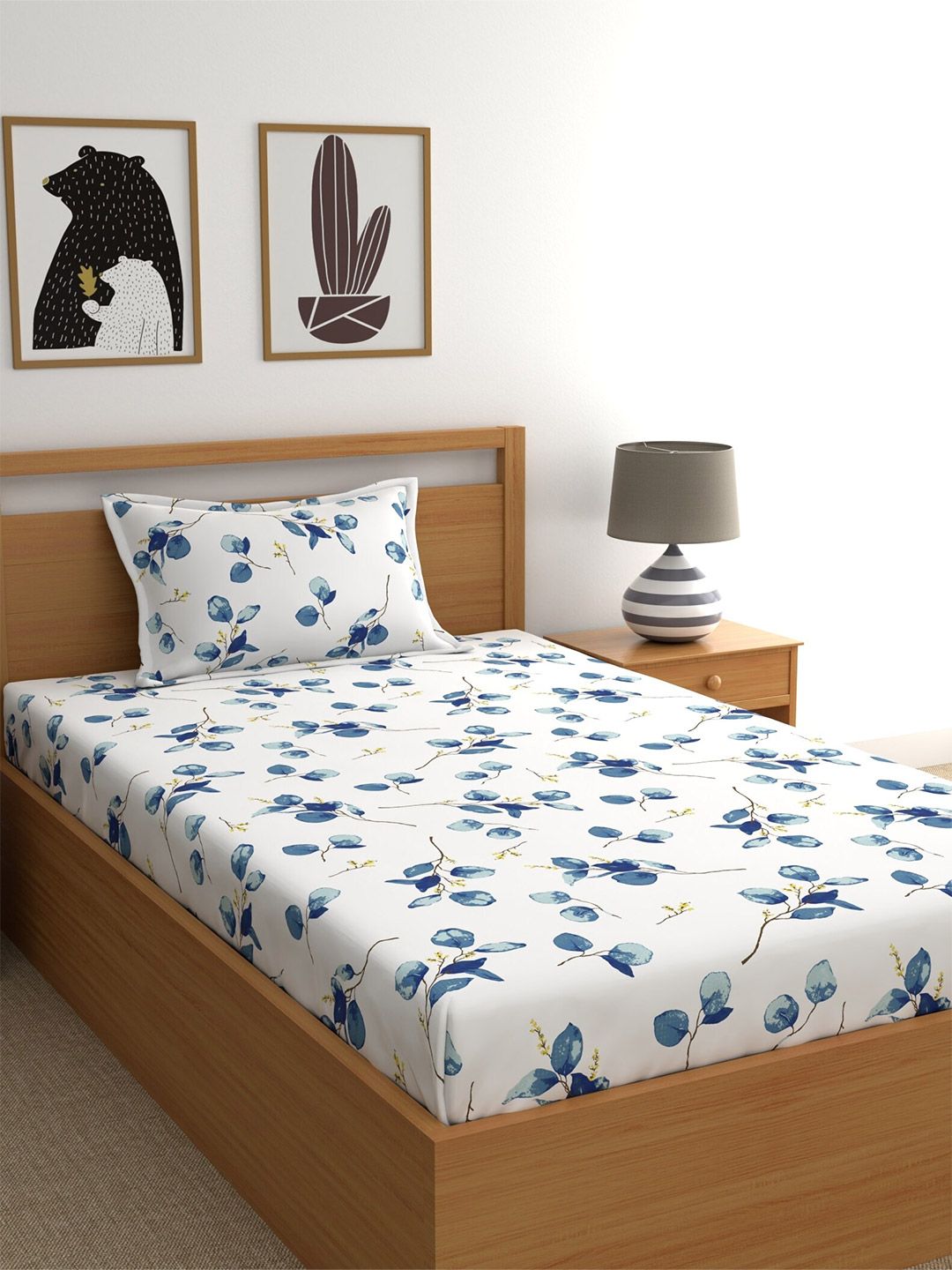 Home Ecstasy Blue & White Floral Pure Cotton 140 TC Single Bedsheet with 1 Pillow Cover-picture-15