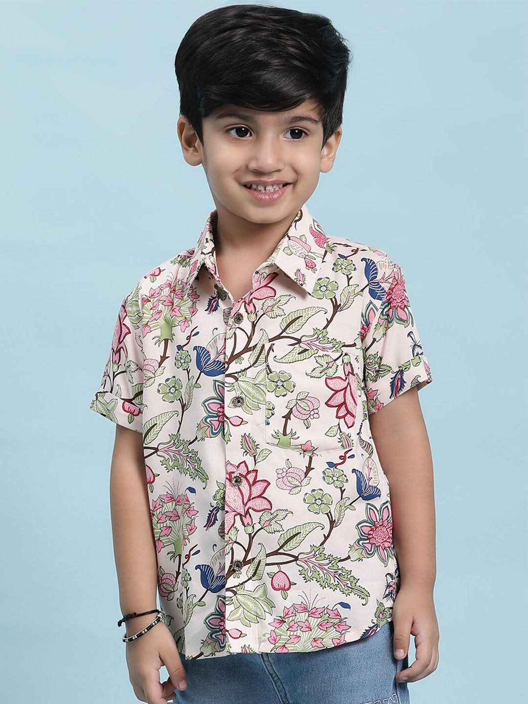 Stuffie Land Boys Smart Floral Printed Spread Collar Cotton Casual Shirt-picture-21