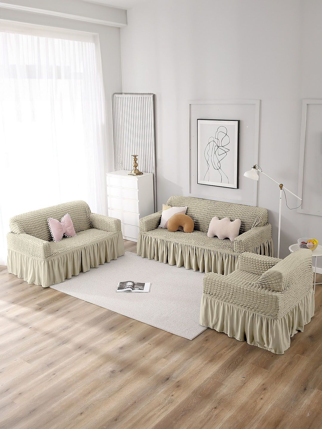 Cortina Beige 3 Pieces Woven-Design 3-Seater & Single-Seater Sofa Covers-image-1