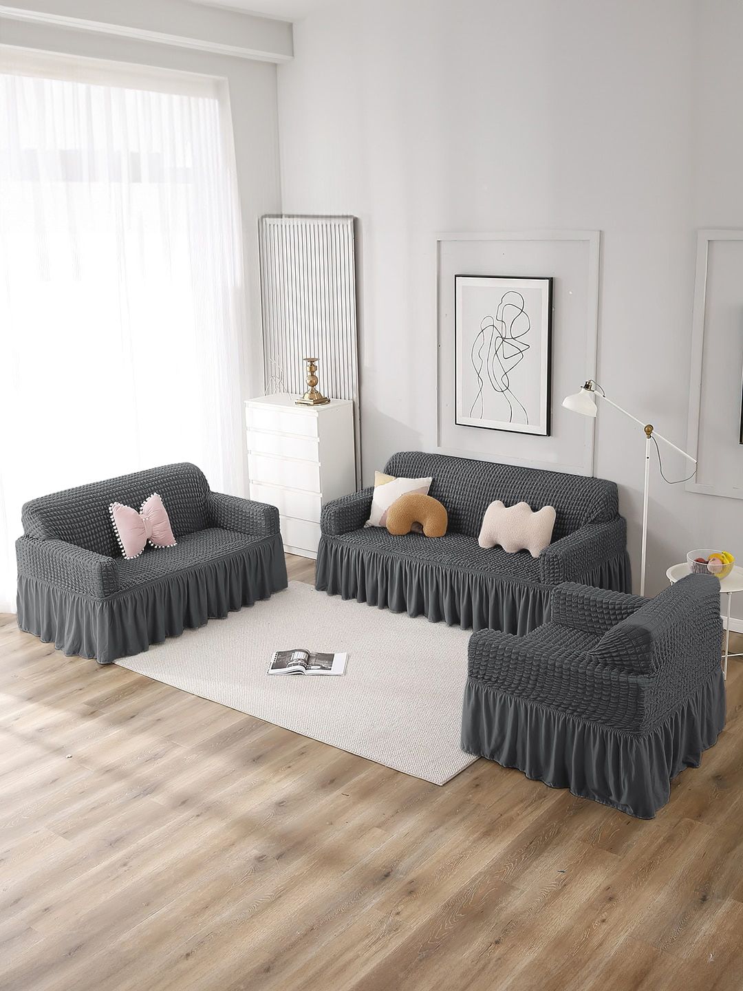 Cortina Grey 3 Pieces Self-Design 3-Seater & Single-Seater Sofa Covers-image-5