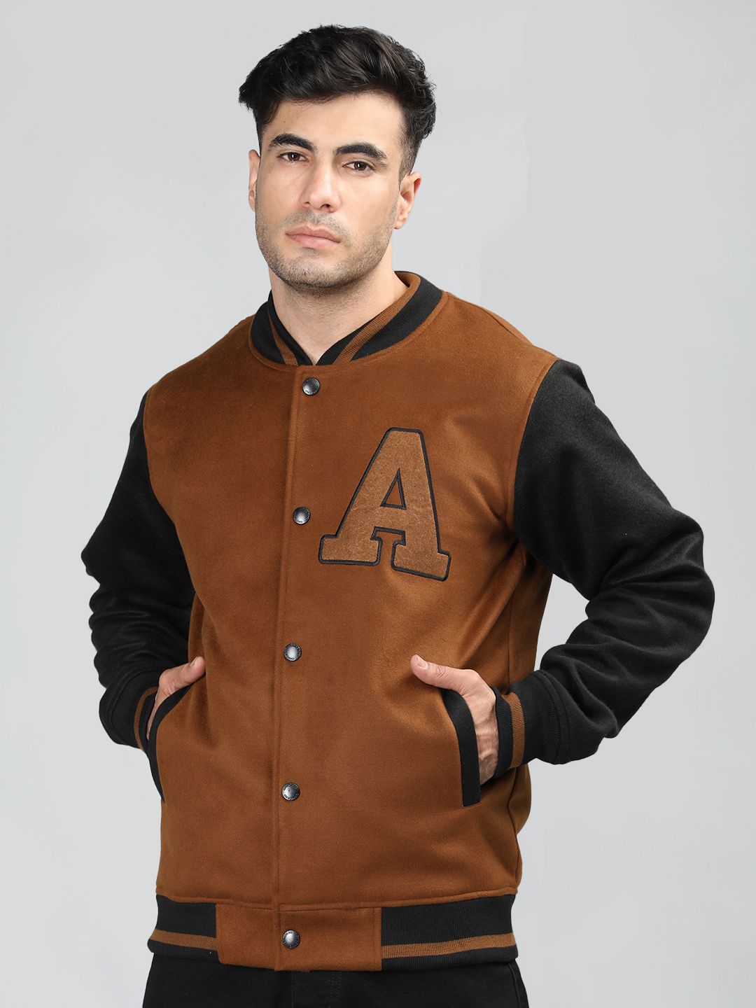 CHKOKKO Colourblocked Woollen Lightweight Outdoor Varsity Jacket-image-41