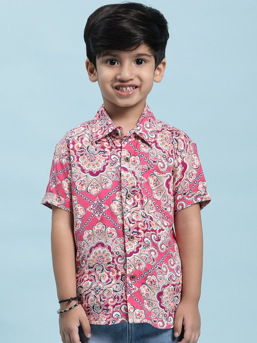 Stuffie Land Boys Pink Smart Floral Opaque Printed Party Shirt-picture-28