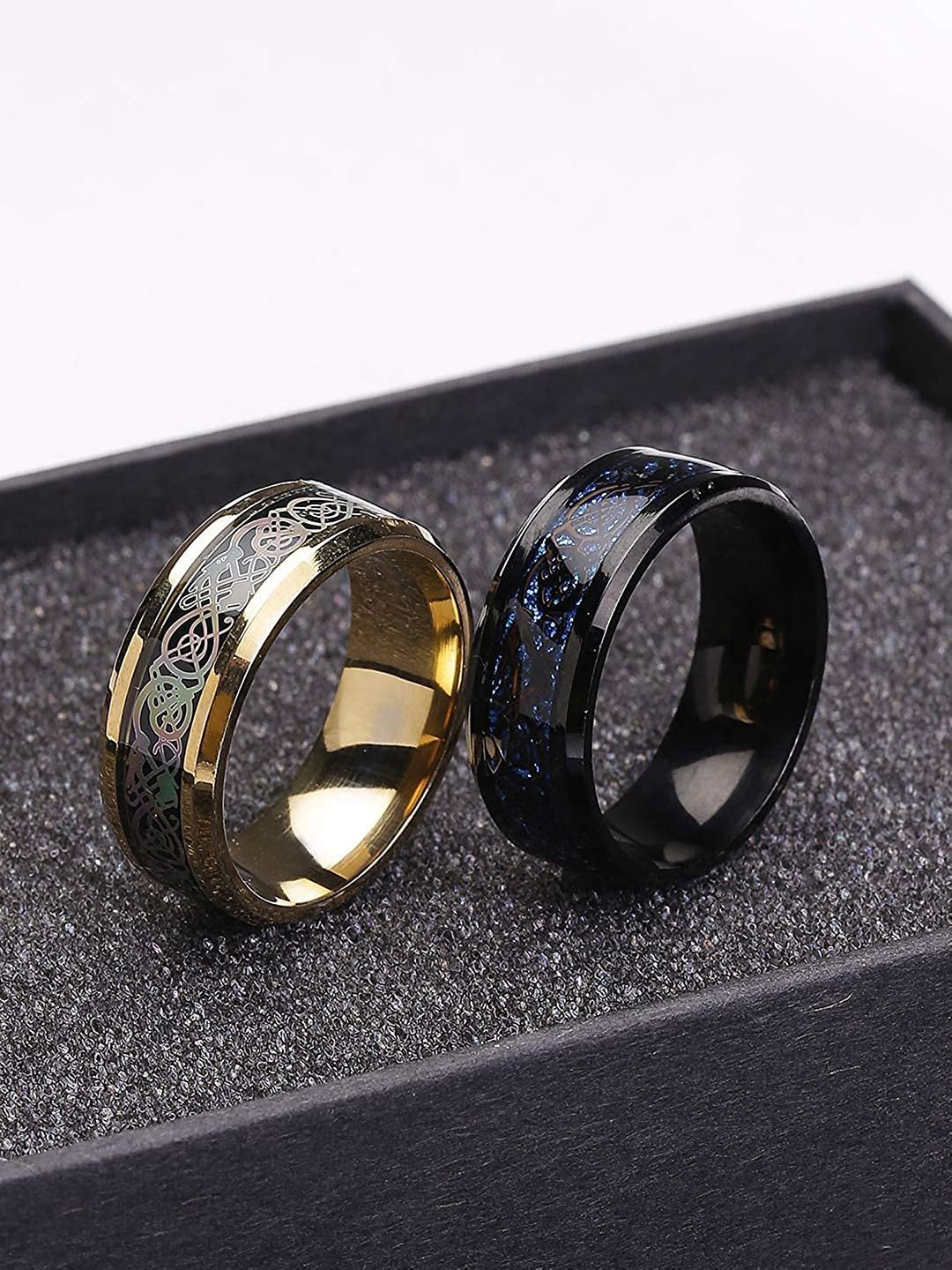 Yellow Chimes Men Set Of 2 Dragon Celtic Inlay Polish Finish Titanium Finger Rings-picture-25