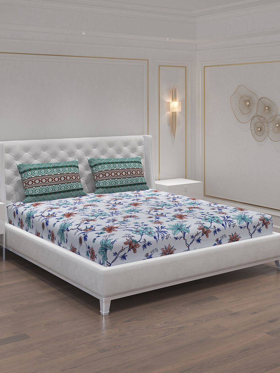 Moca By Monte Carlo Fiona White & Green Cotton 104 TC Queen Bedsheet with 2 Pillow Covers-picture-23