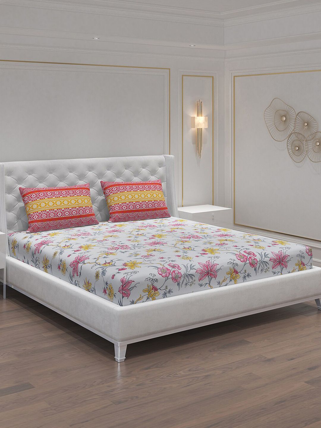 Moca By Monte Carlo Fiona White Floral Cotton 104 TC Queen Bedsheet & 2 Pillow Covers-picture-24