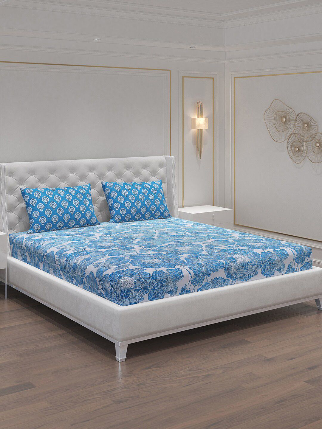 Moca By Monte Carlo Blue & White Floral Cotton 144 TC Queen Bedsheet & 2 Pillow Covers-picture-28