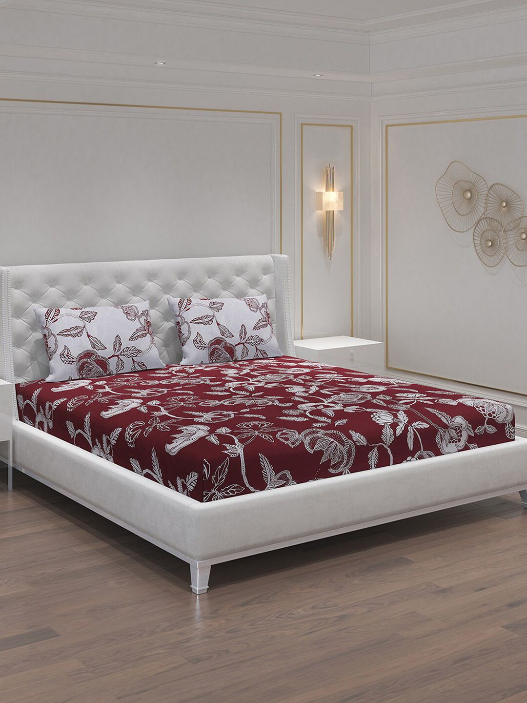 Moca By Monte Carlo Fiona Maroon & White Cotton 104 TC Queen Bedsheet with 2 Pillow Covers-picture-36