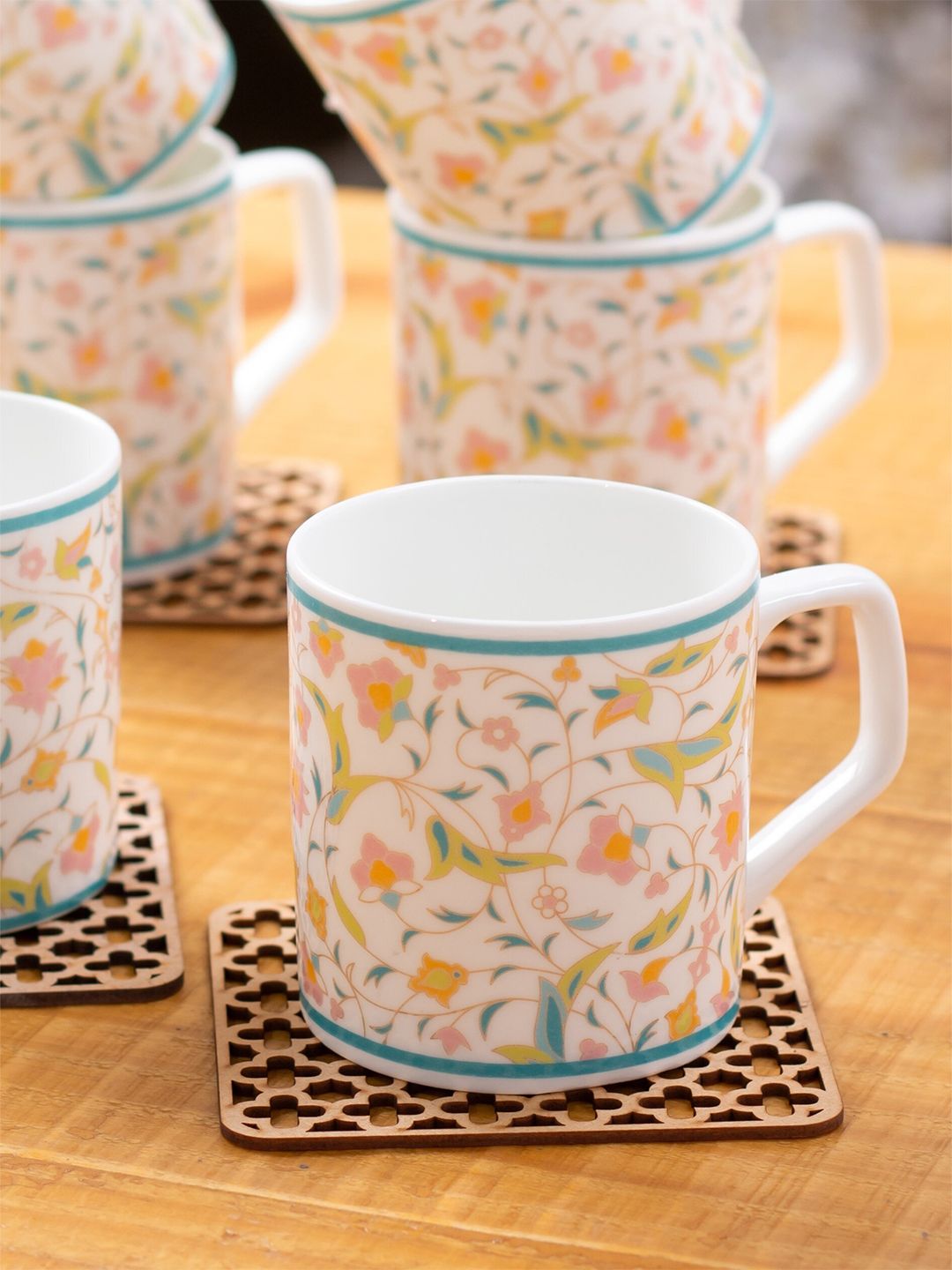 CLAY CRAFT 6 Pcs Orange & White Printed Ceramic Glossy Cups - 220 ML Each