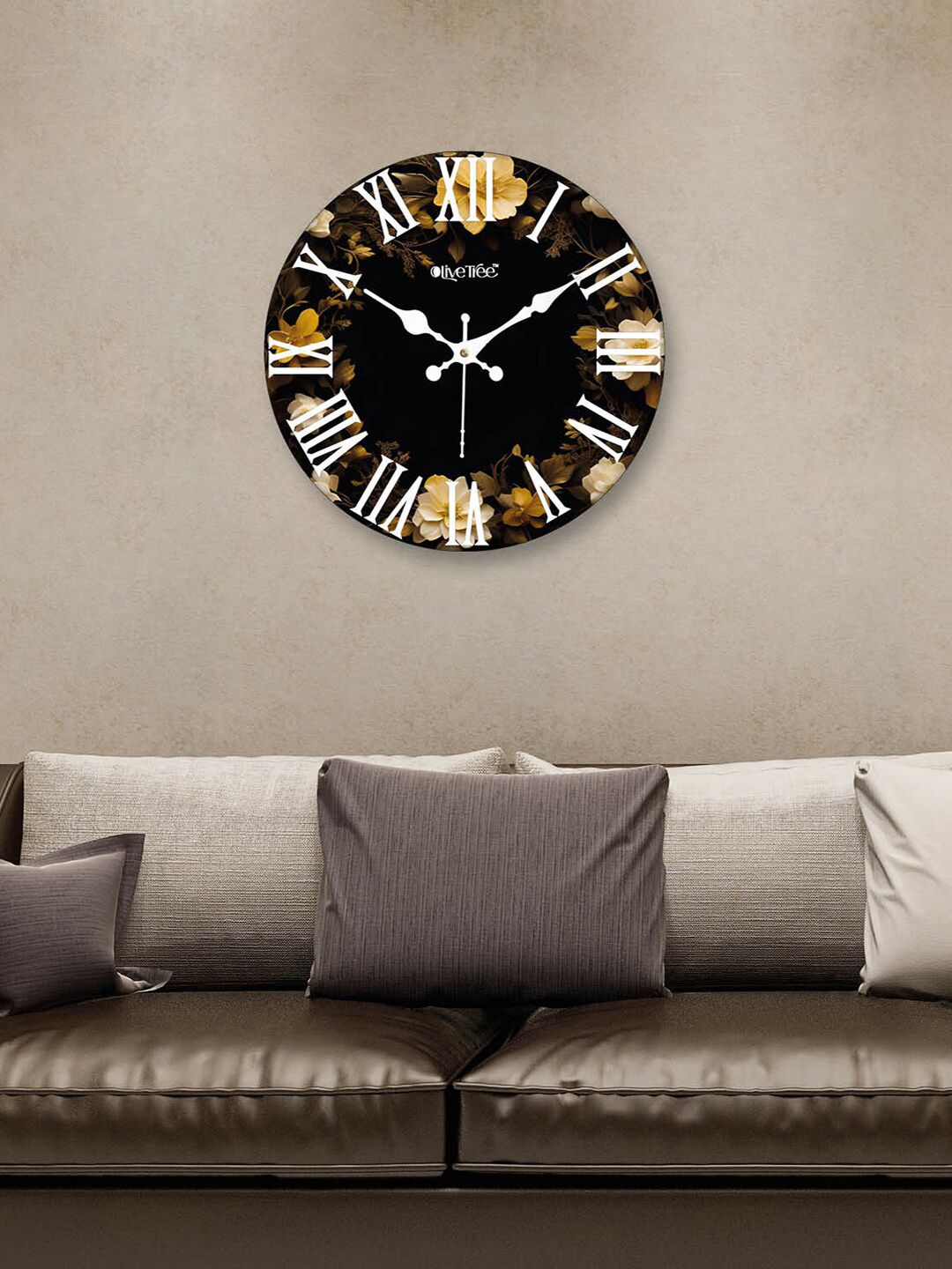 OLIVE TREE Black & Beige Printed Contemporary MDF Wooden Analogue Wall Clock-image-45