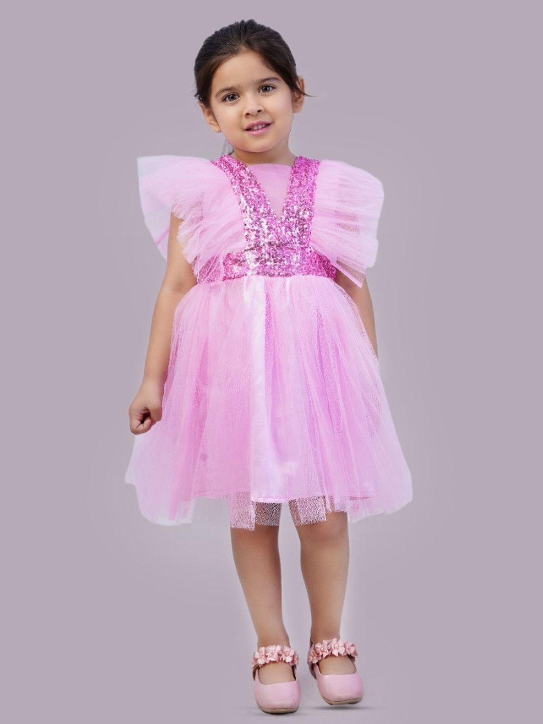 Bella Moda Girls Square Neck Flutter Sleeves Gathered Detail Satin Fit and Flare Dress-picture-51