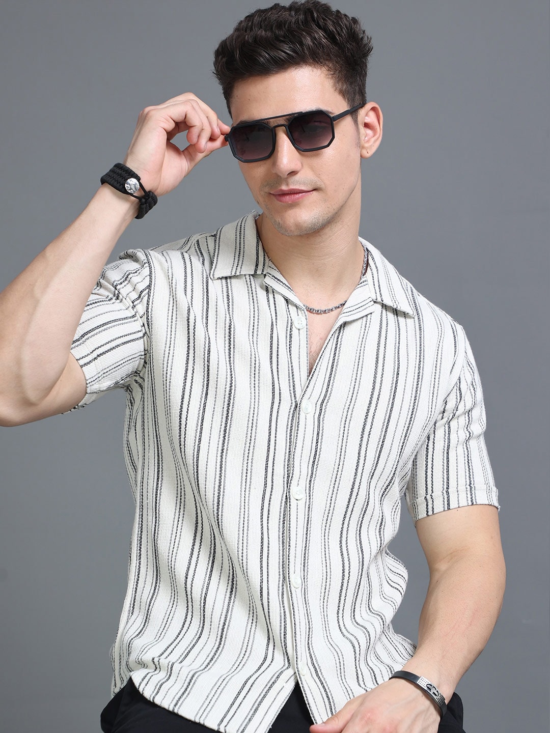 HERE&NOW Striped Cuban Collar Slim Fit Cotton Casual Shirt