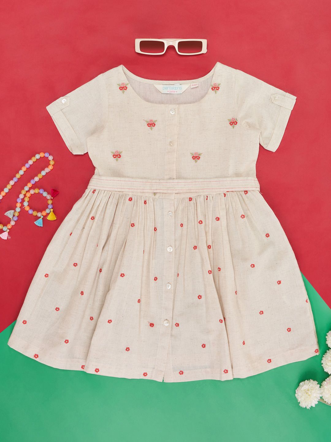 AKKRITI BY PANTALOONS Girls Floral Embroidered Cotton Fit & Flare Dress-picture-56