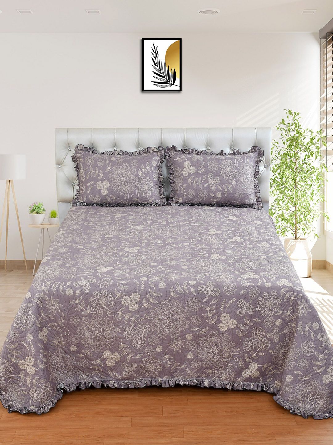 MORADO Mauve Floral Double Bed Queen Bed Cover With Pillow Covers-image-40