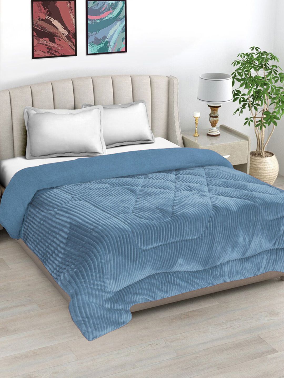 FABINALIV Blue Striped Woollen 950 GSM Heavy Winter Double Bed Quilt