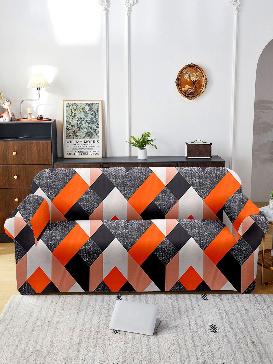 Cortina Orange & Grey Printed Stretchable 3-Seater Sofa Cover-picture-29