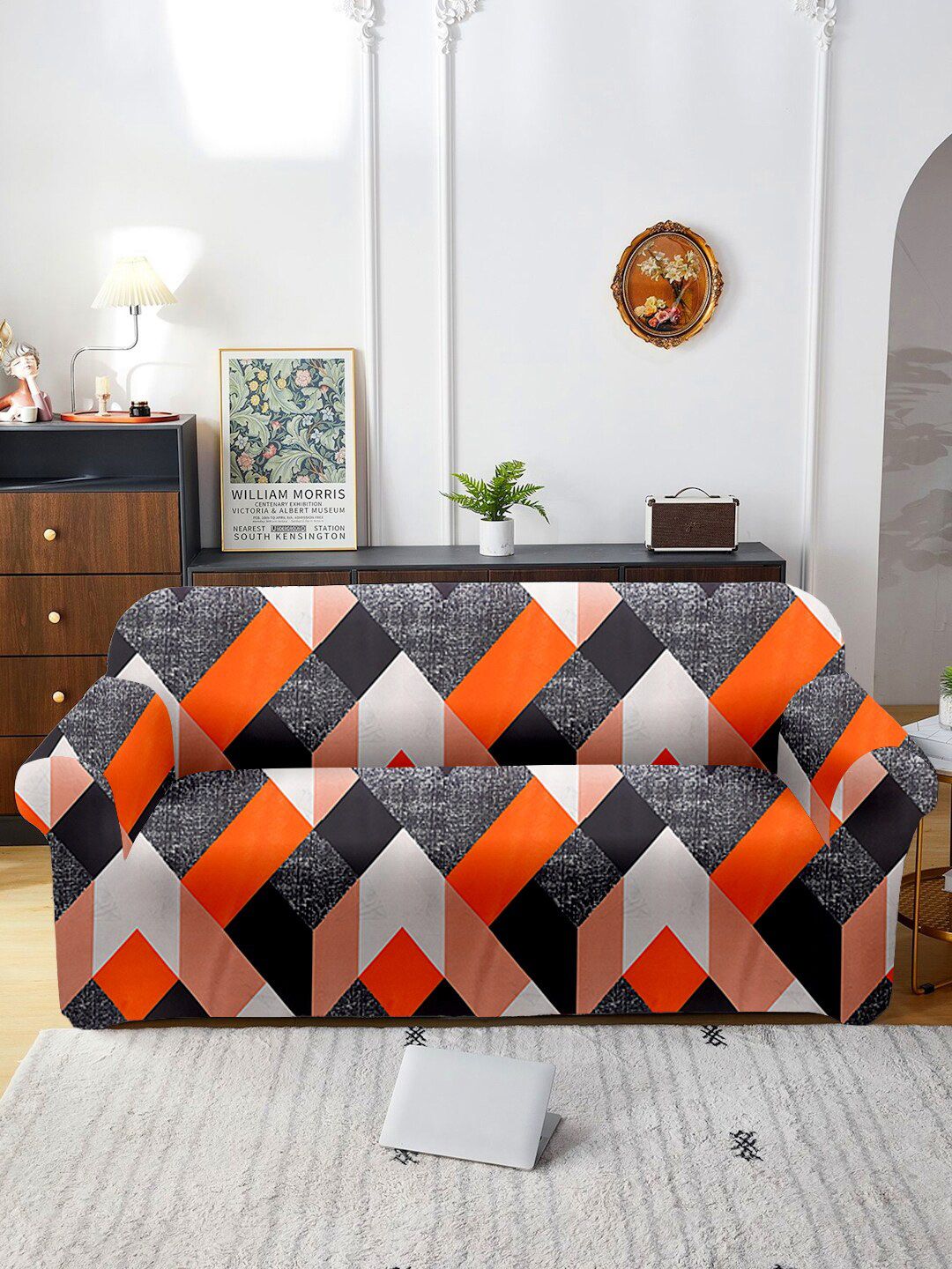 Cortina Orange-Coloured & White Printed Stretchable 2-Seater Sofa Cover-image-41