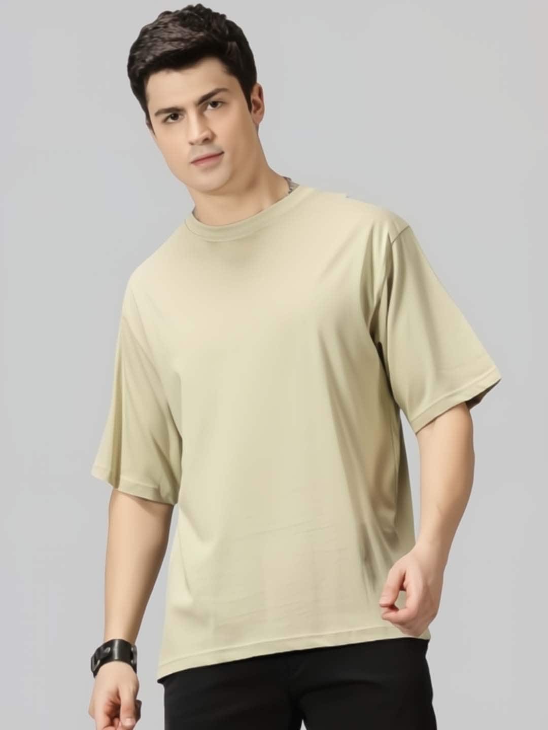 THE HOLLANDER Cotton Solid Drop-Shoulder Sleeves Oversized Fit T-shirt