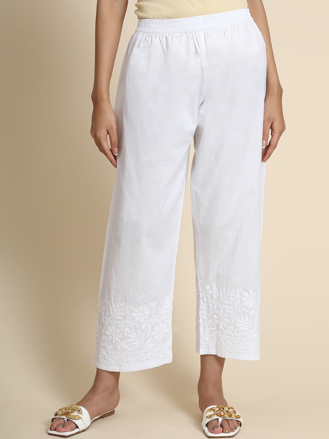 HOUSE OF KARI Women Embroidered Chikankari Cotton Parallel Trousers-picture-18