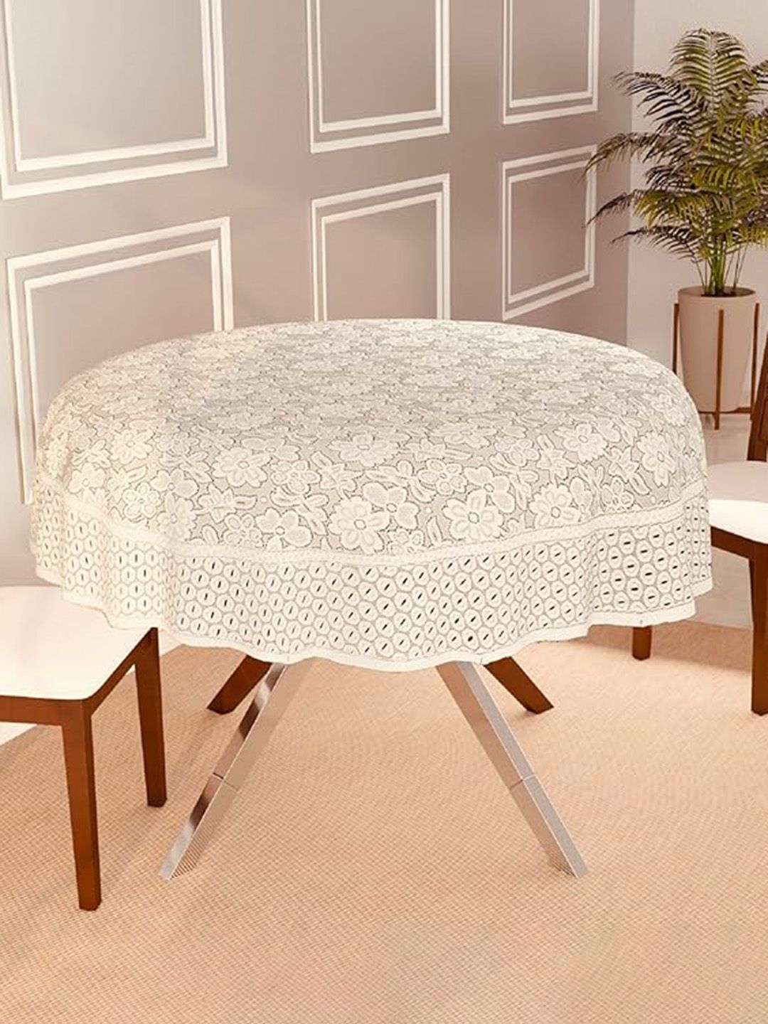 Dakshya Industries Cream Self-Design Round 4-Seater Table Cover-image-25
