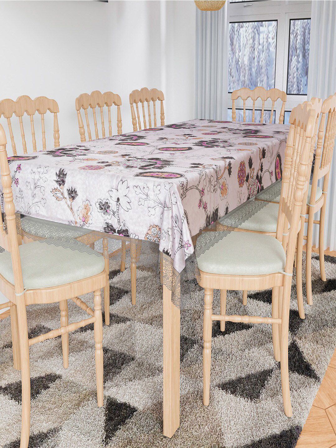 Kuber Industries Black & White Floral Printed 8 Seater Dining Table Cloth Cover-picture-40