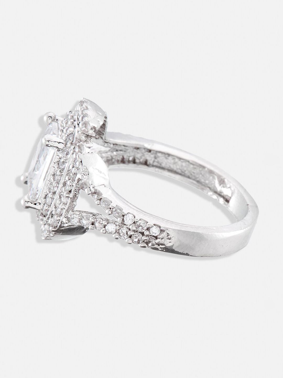 ATIBELLE Set of 2 Silver Plated Floral Shaped Cubic Zirconia Studded Rings