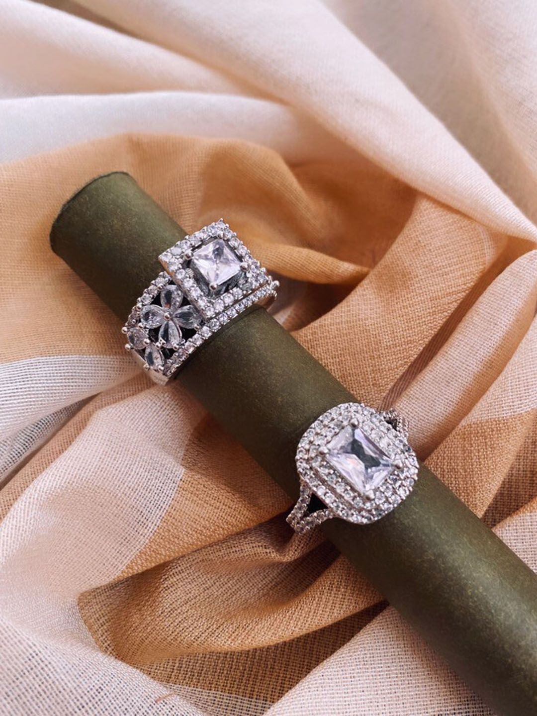 ATIBELLE Set of 2 Silver Plated Floral Shaped Cubic Zirconia Studded Rings