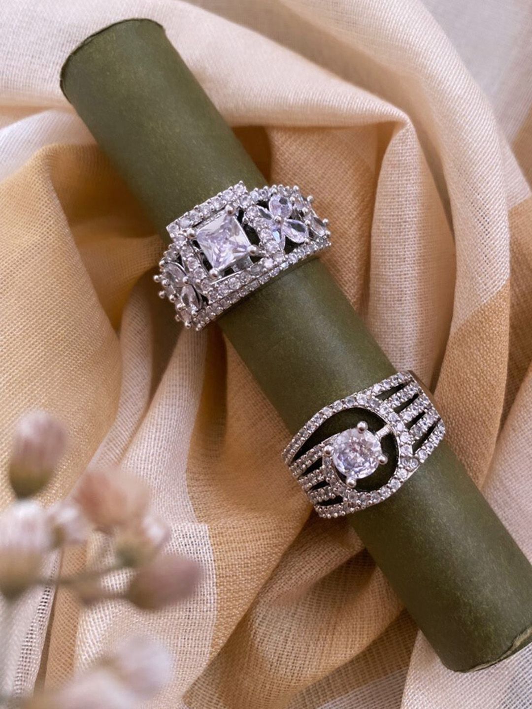 Atibelle Set of 2 Silver-Plated Cubic Zirconia Studded Finger Rings