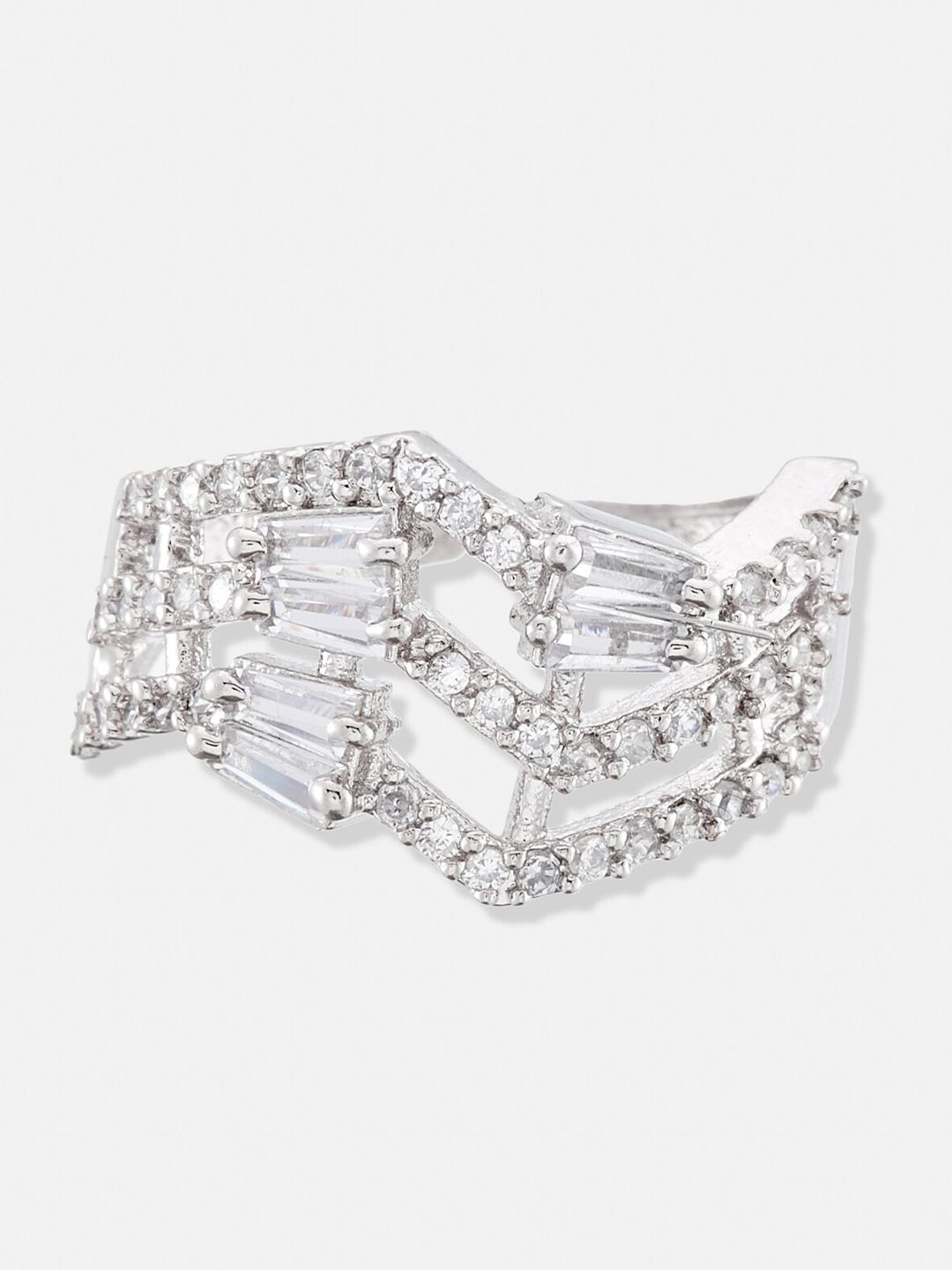 ATIBELLE Set of 3 Silver Plated Floral Shaped Cubic Zirconia Studded Rings
