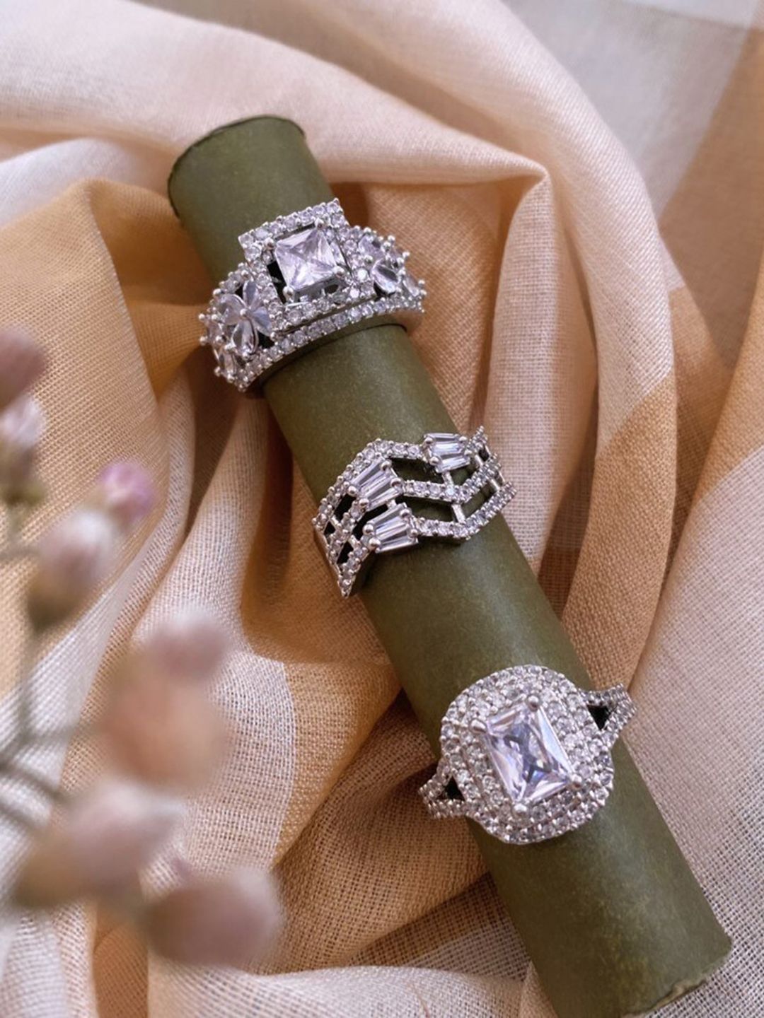 ATIBELLE Set of 3 Silver Plated Floral Shaped Cubic Zirconia Studded Rings