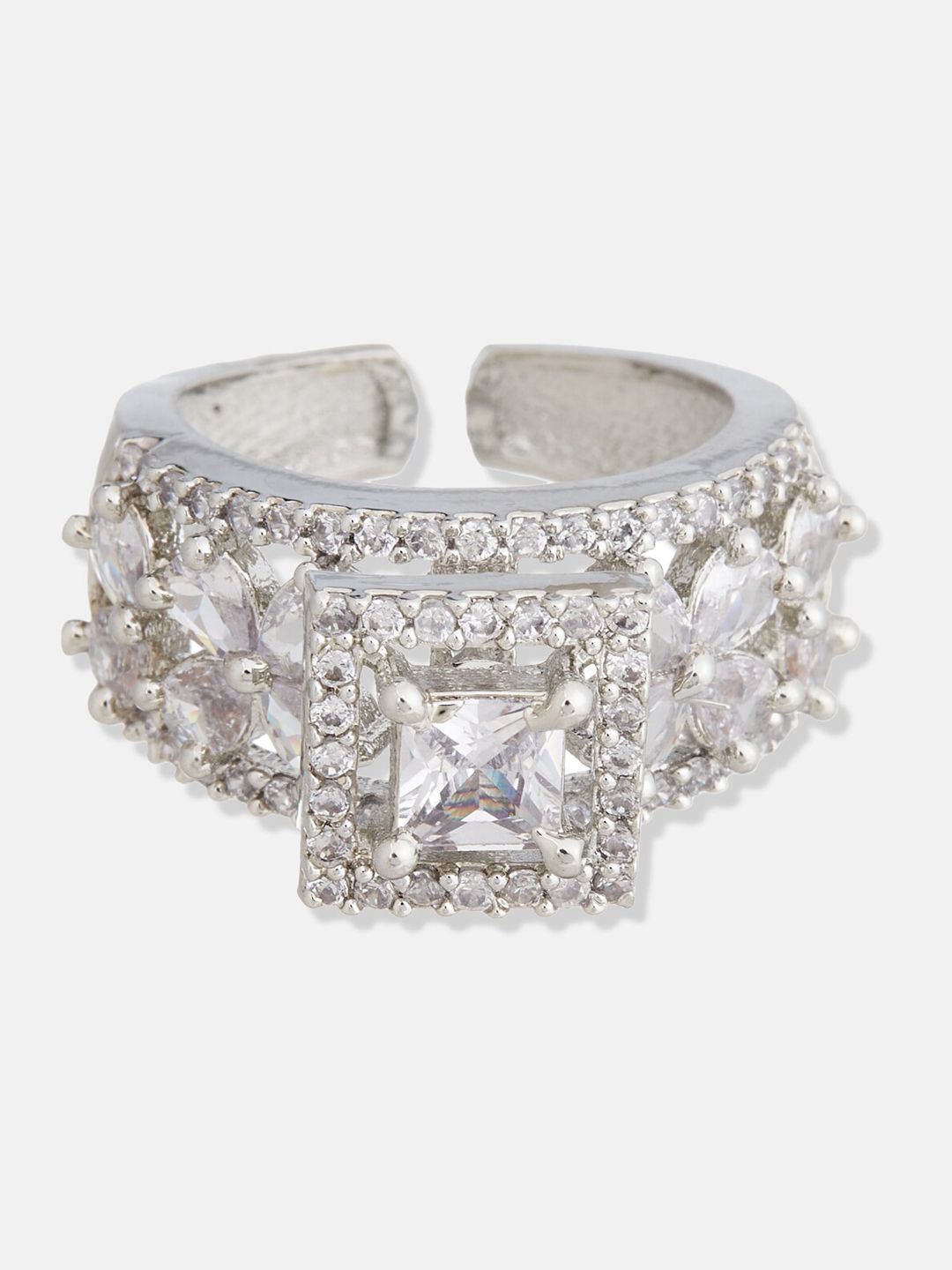 ATIBELLE Set of 3 Silver Plated Floral Shaped Cubic Zirconia Studded Rings