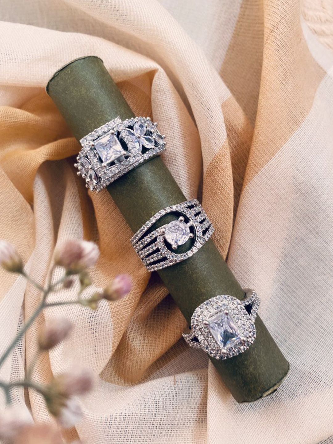 ATIBELLE Set of 3 Silver-Plated Cubic Zirconia Stone Studded Adjustable Finger Rings