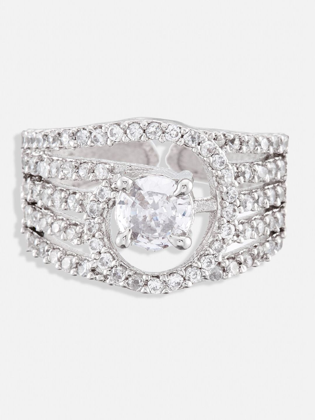 ATIBELLE Set of 3 Silver-Plated Cubic Zirconia Stone Studded Adjustable Finger Rings