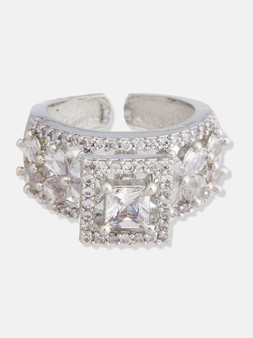 ATIBELLE Set of 2 Silver Plated Floral Shaped Cubic Zirconia Studded Rings