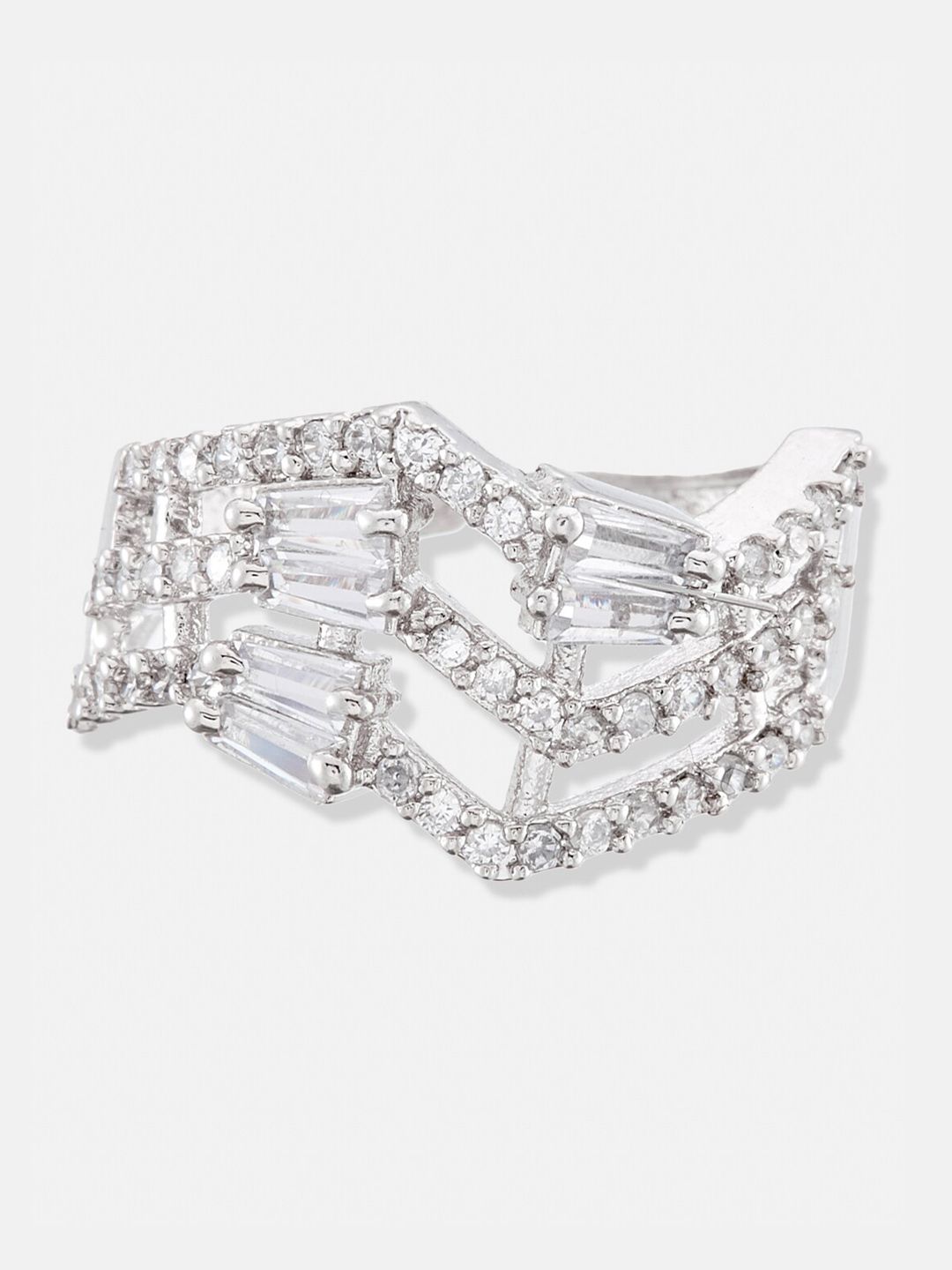 ATIBELLE Set of 2 Silver Plated Floral Shaped Cubic Zirconia Studded Rings