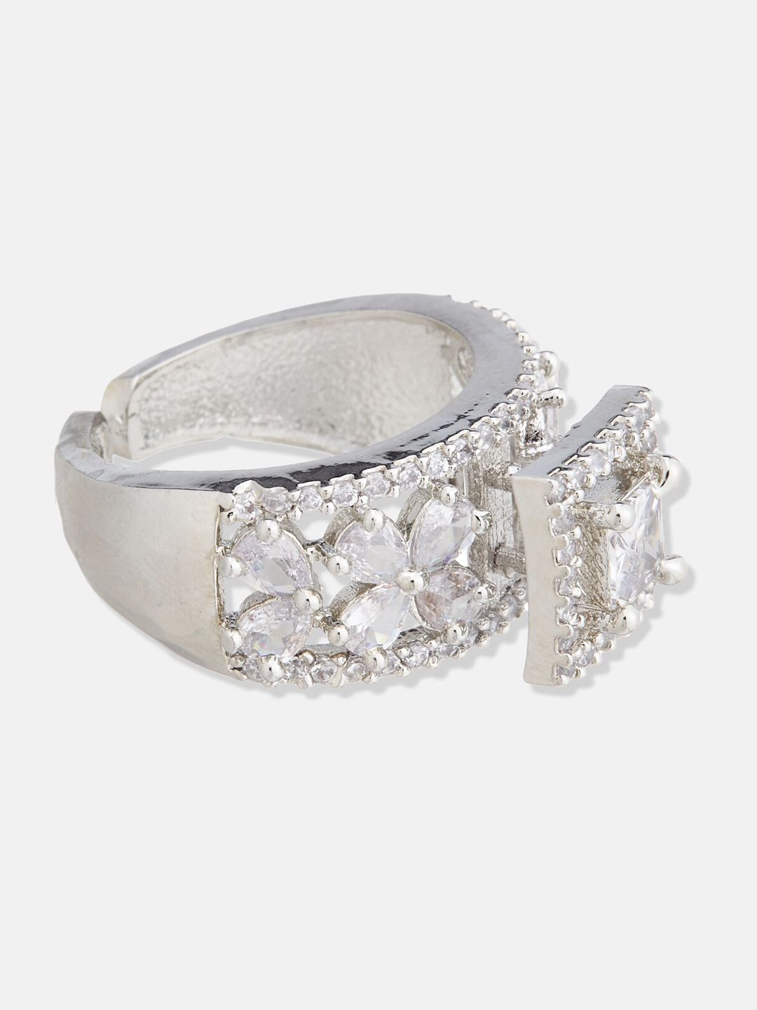 ATIBELLE Set of 2 Silver Plated Floral Shaped Cubic Zirconia Studded Rings