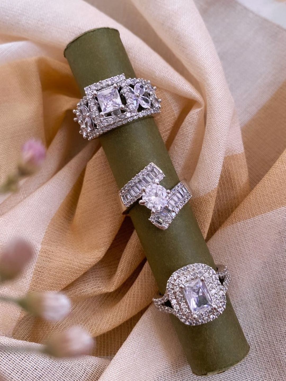 Atibelle Set of 3 Silver-Plated Cubic Zirconia Studded Finger Rings