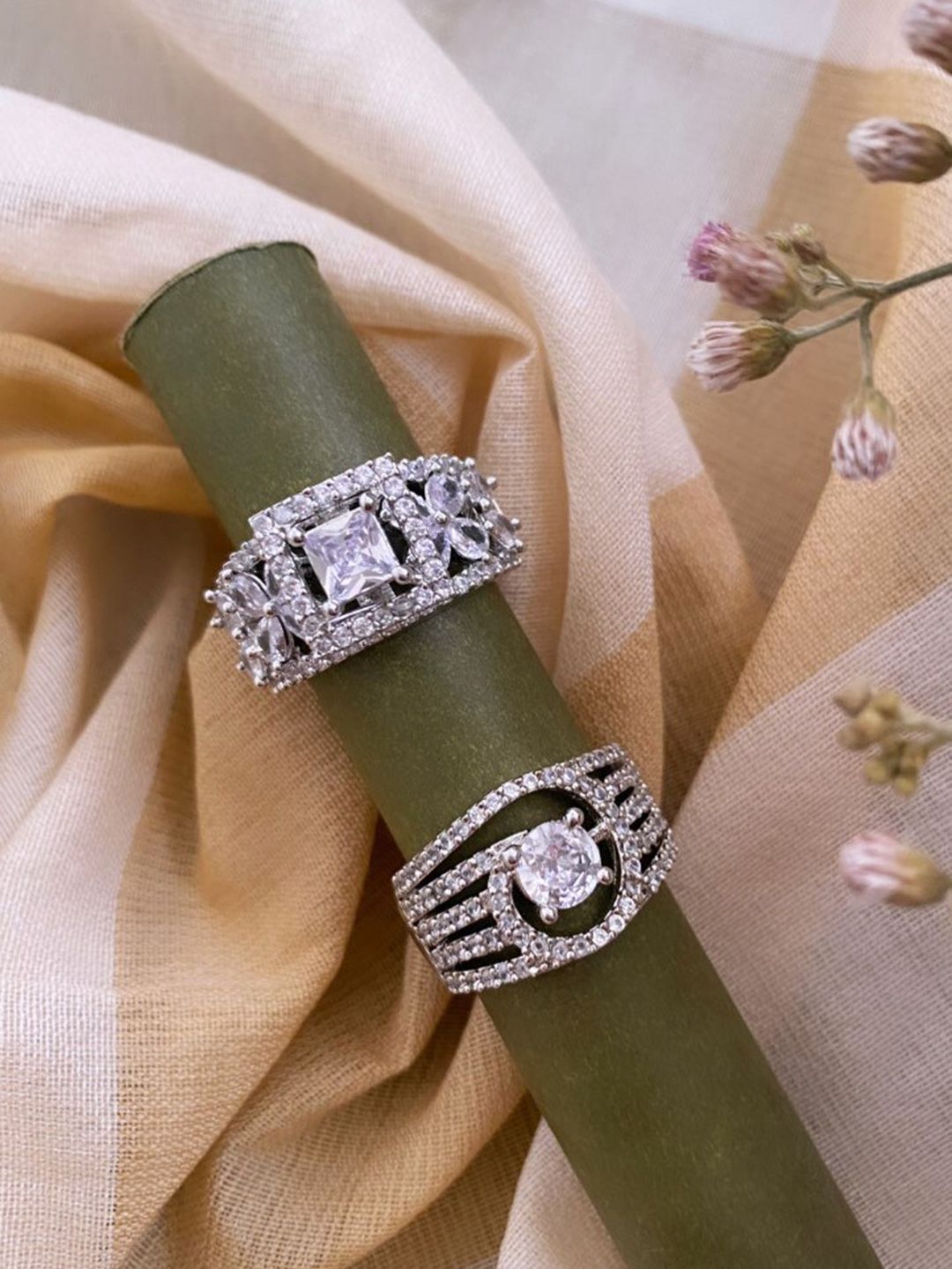 ATIBELLE Set of 2 Silver Plated Floral Shaped Cubic Zirconia Studded Rings