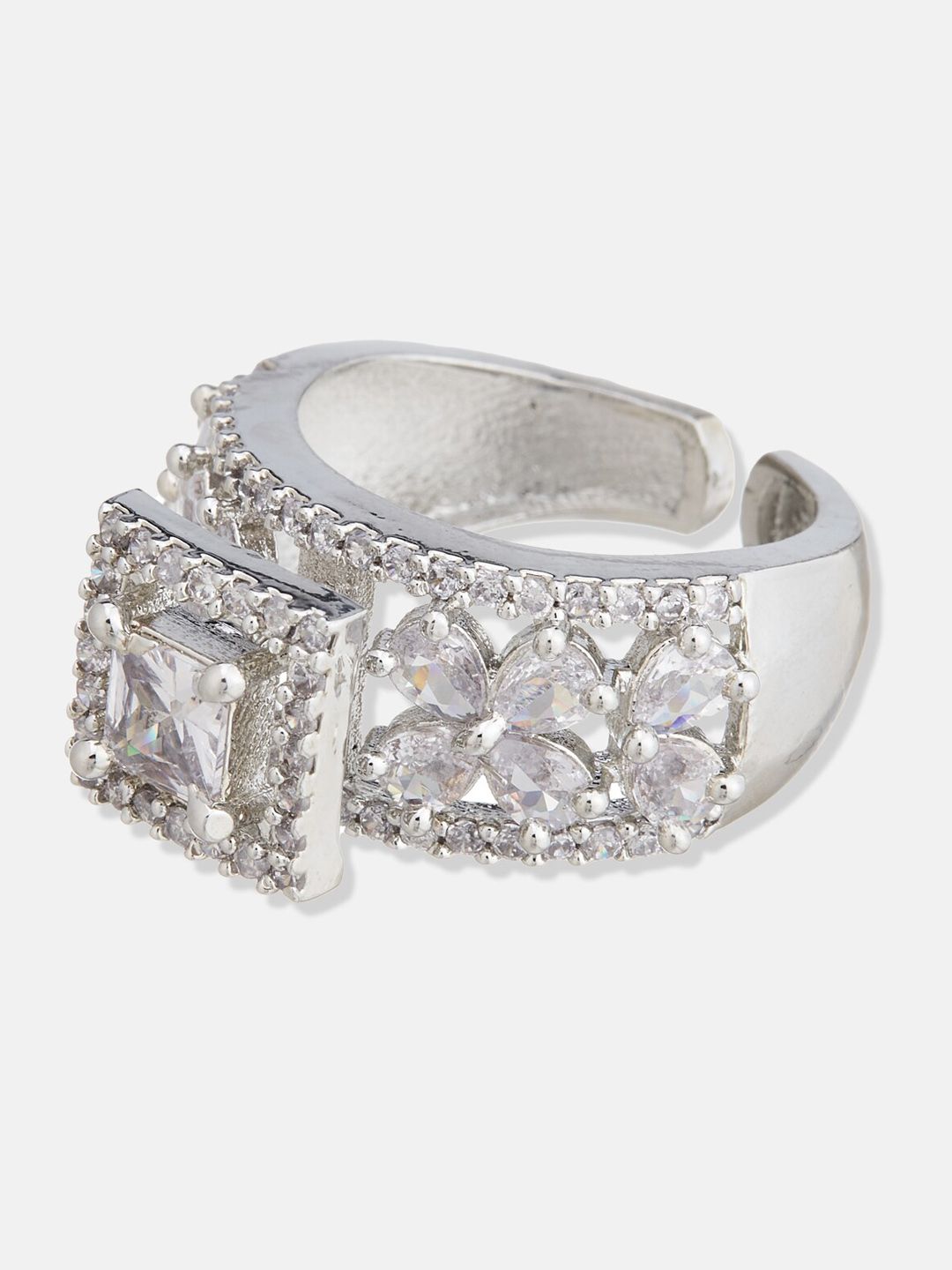 ATIBELLE Set of 2 Silver Plated Floral Shaped Cubic Zirconia Studded Rings