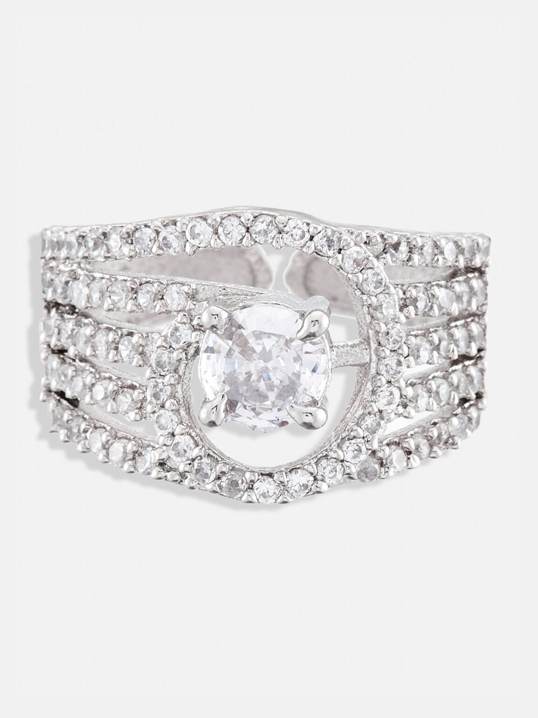 ATIBELLE Set of 2 Silver Plated Floral Shaped Cubic Zirconia Studded Rings