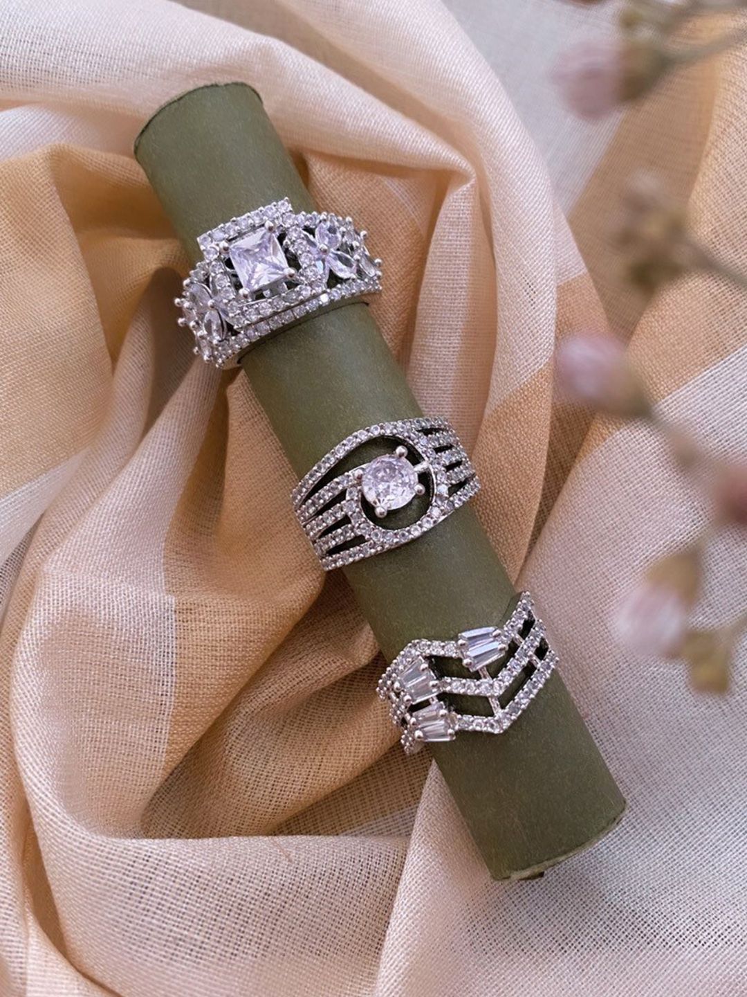 Atibelle Set of 3 Silver-Plated Cubic Zirconia Studded Finger Rings