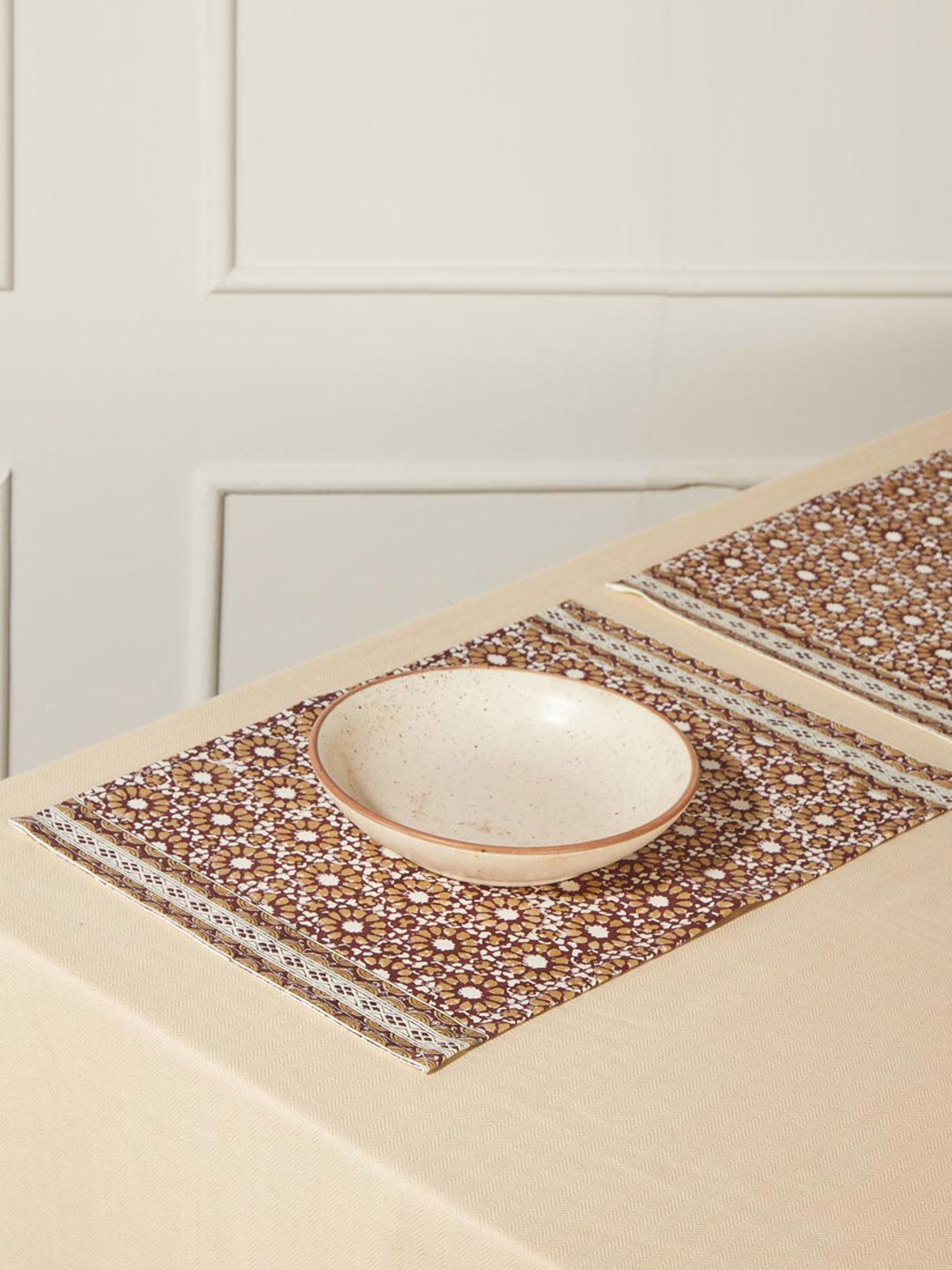 Fabindia Standalone 6-Pcs Off White & Maroon Printed Cotton Rectangular Table Placemats-image-4