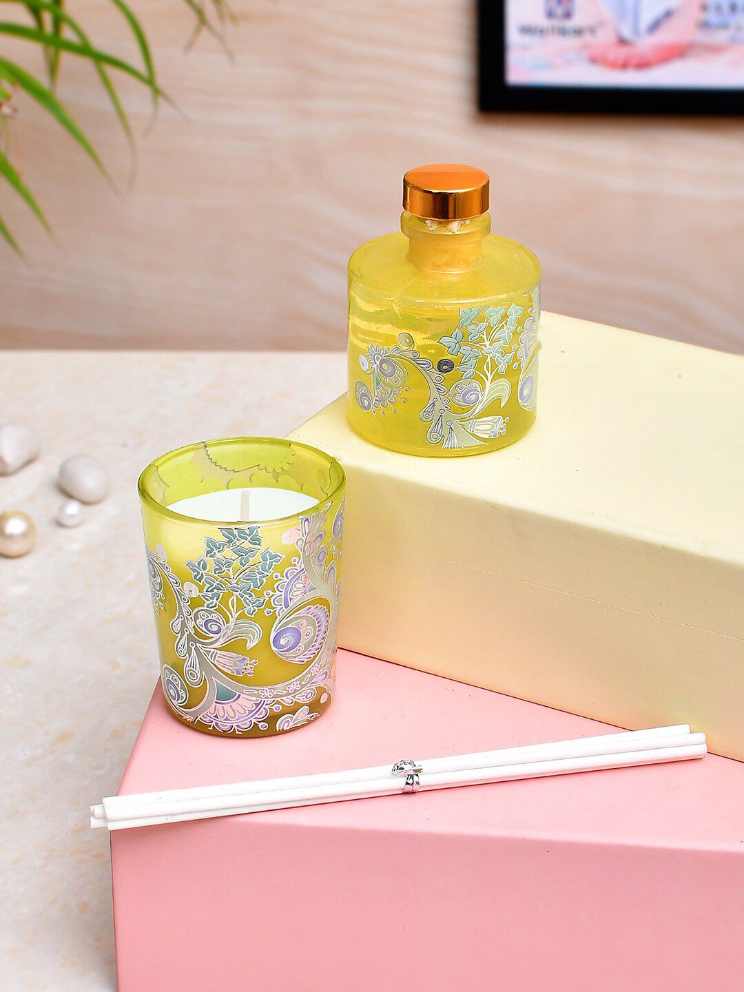 TAYHAA 3 Pieces Yellow Printed Golden Aura Scented Candle Jar With Fragrance & Sticks-image-43